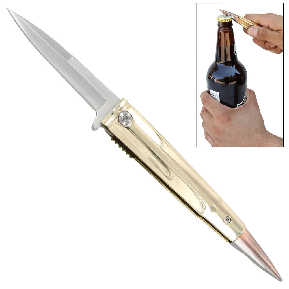 Bottle Opener Rifle Bullet Spring Assisted Folding Pocket Knife Golden