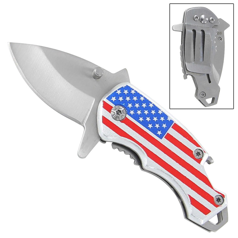 American Flag Handle Spring Assist Bottle Opener Pocket Knife With Money Clip