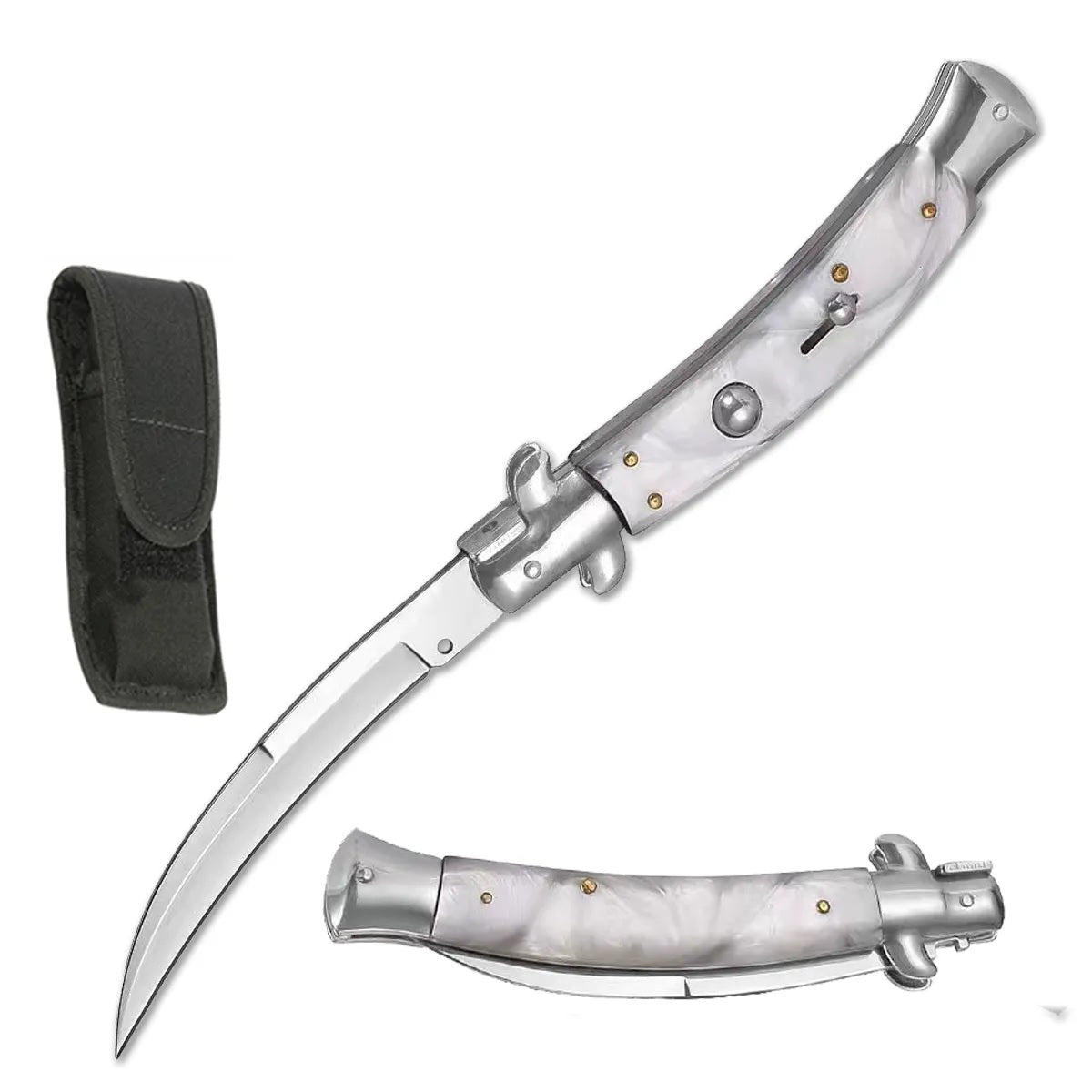 9.75" White Pearl Handle Italian Stiletto Switch Curved Blade Pocket Knife - TOPHATTER'S ARMORY DEALS