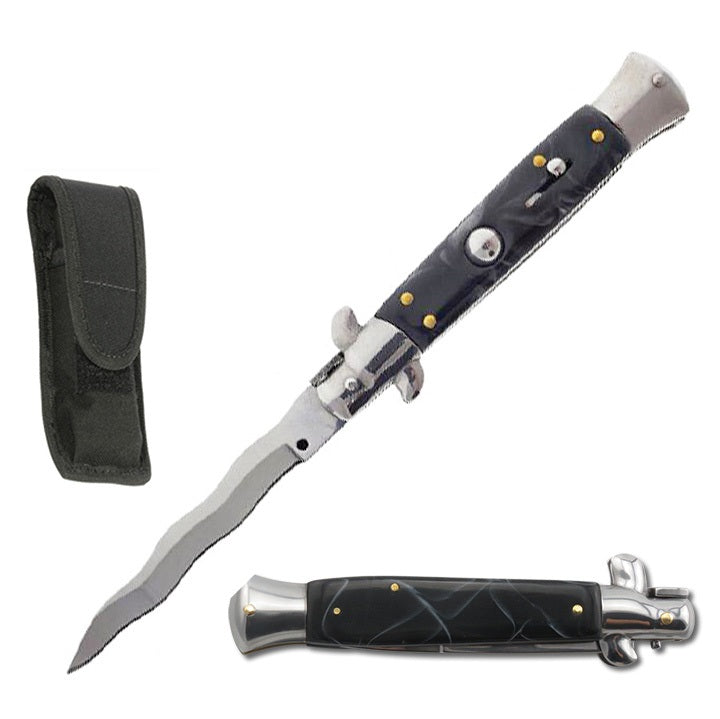 9" Black Marble Italian Stiletto Switch Kris Blade Pocket Knife - TOPHATTER'S ARMORY DEALS