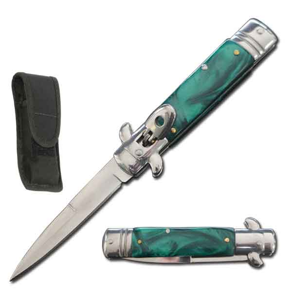 7.75" Automatic Switchblade Lever Lock Knife - Green Pearl Handle - TOPHATTER'S ARMORY DEALS