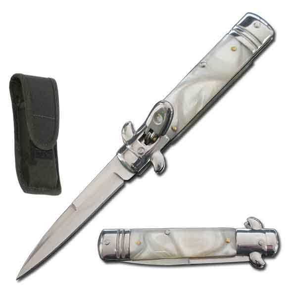 7.75" Automatic Switchblade Lever Lock Knife - White Pearl Handle - TOPHATTER'S ARMORY DEALS
