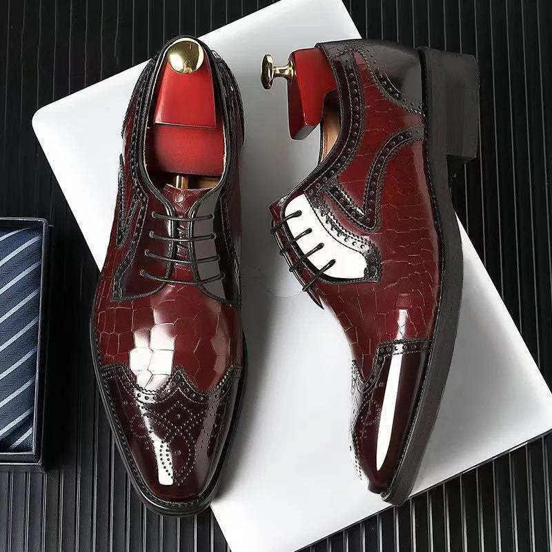 Men Leather Slip-On Brogue Oxford Loafers (Wine Red)