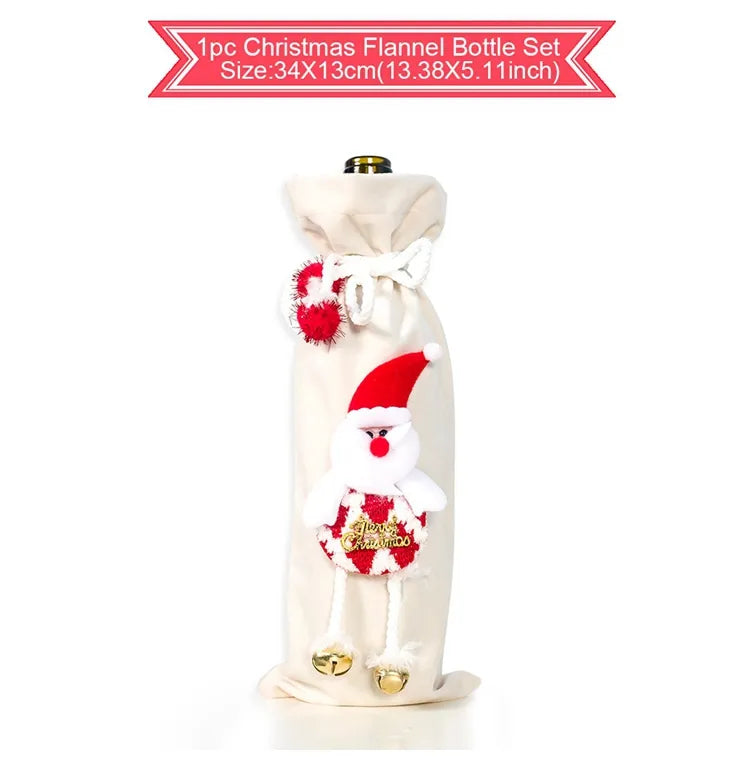 Merry Christmas Wine Bottle Cover - Festive Xmas Flannel Decoration
