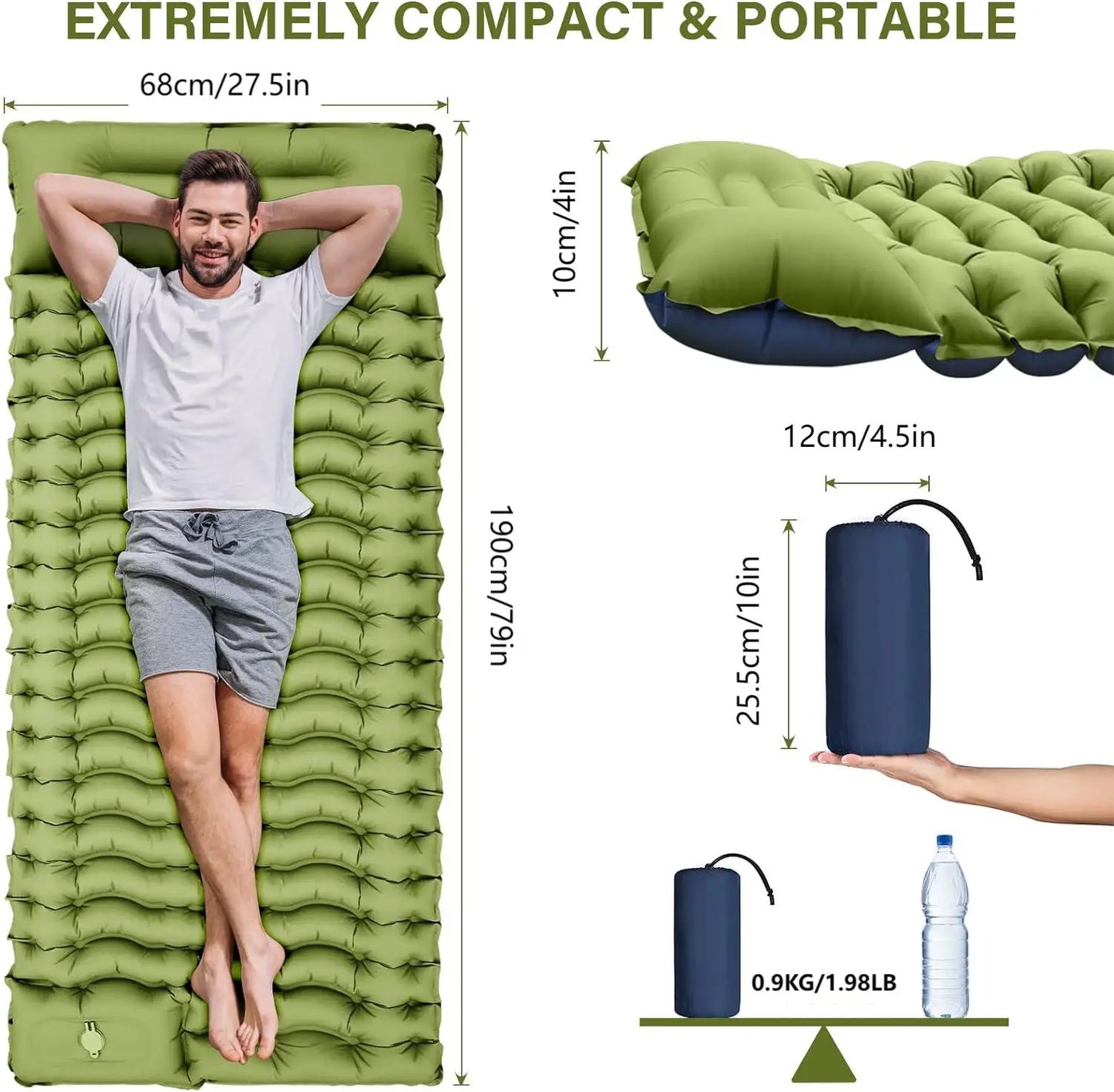 4-Inch Thick Inflatable Camping Sleeping Mat Built-in Pillow And Pump Green