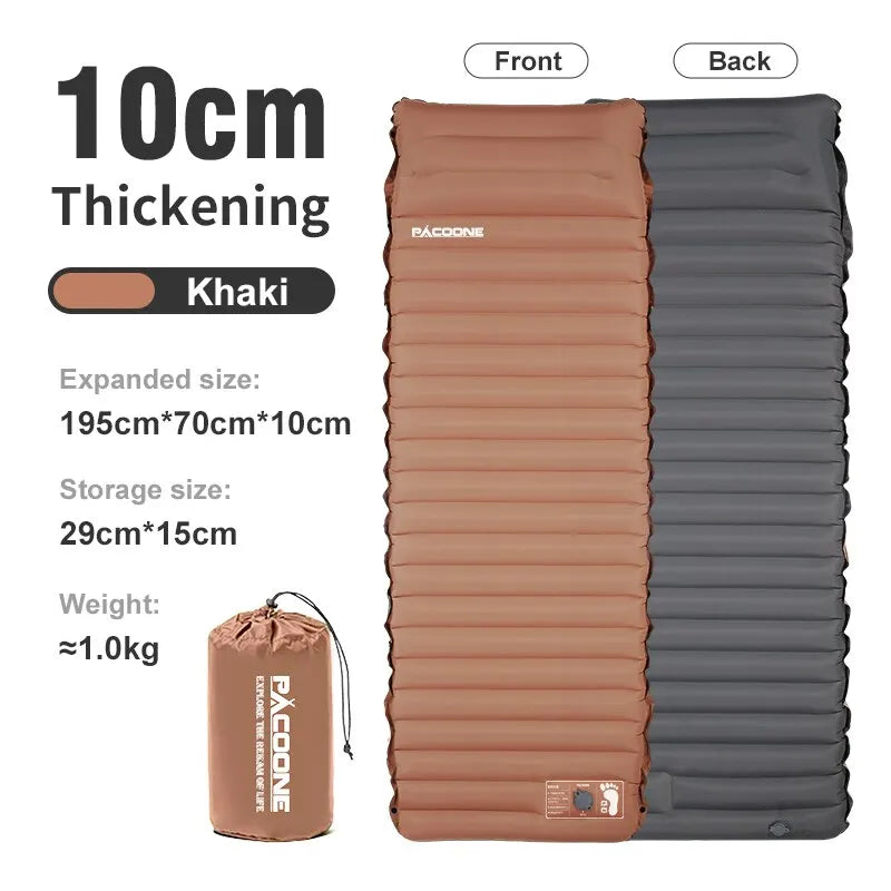 Ultralight Self-Inflating Sleeping Pad 10cm Thick Camping Air Mattress Khaki