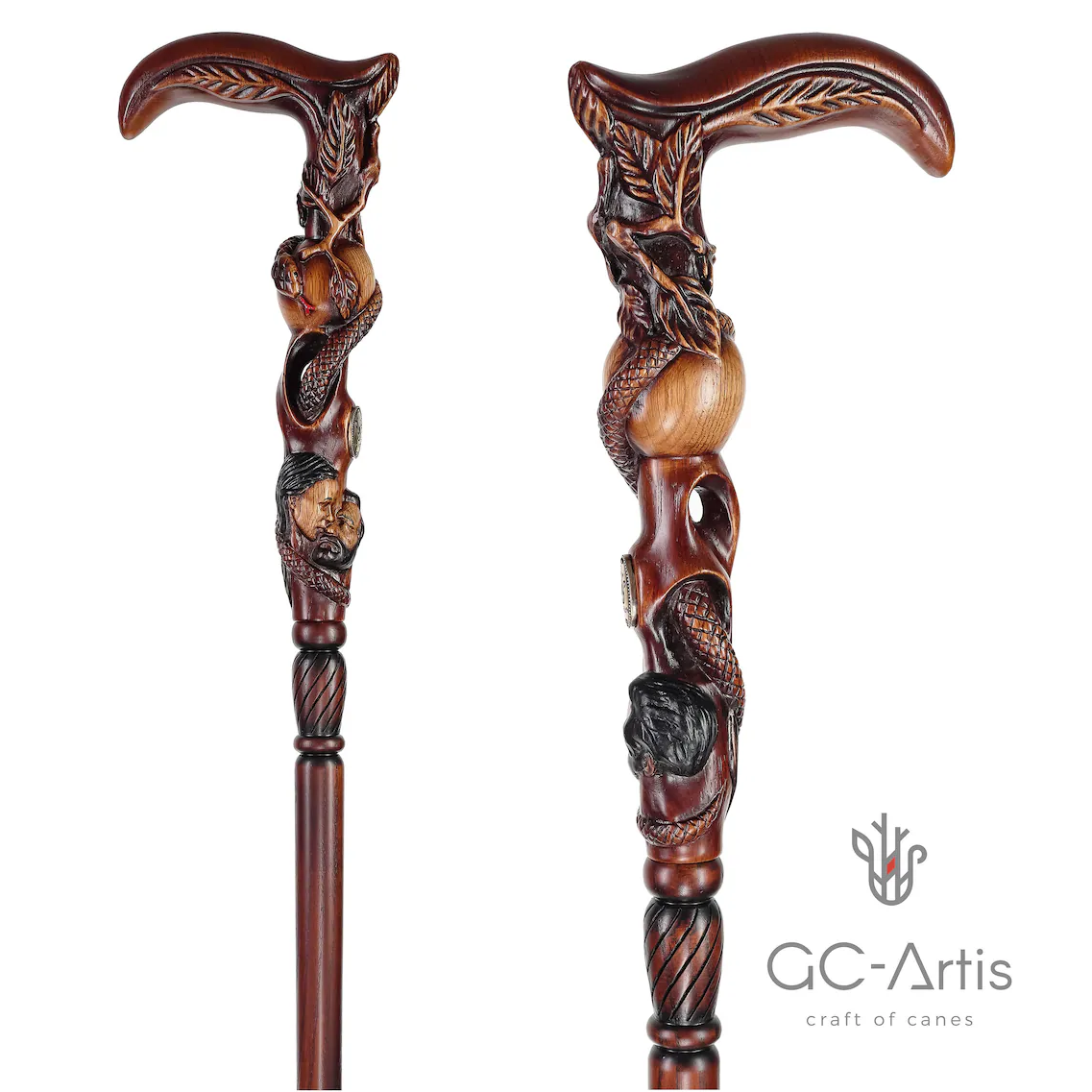 Adam & Eve Carved Wood Cane: Unique Wood Handcarved Artisan Detail