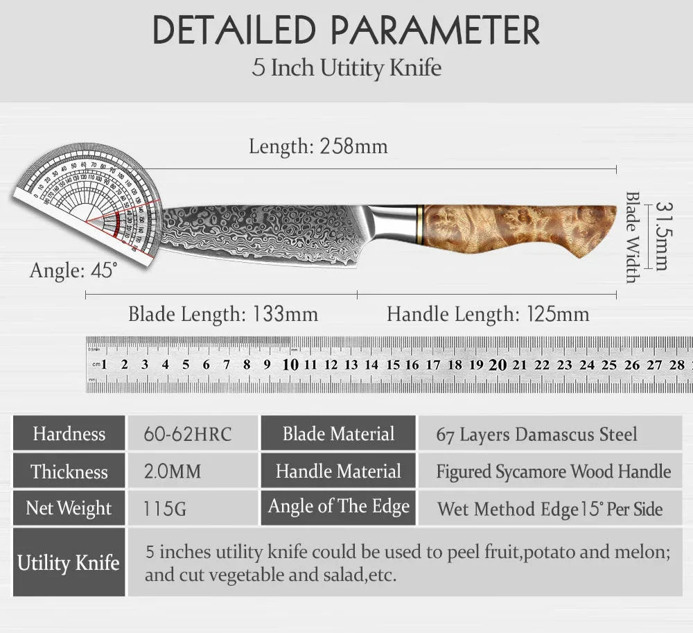 5-Inch Damascus Utility Knife 67-Layer Super Steel Brown