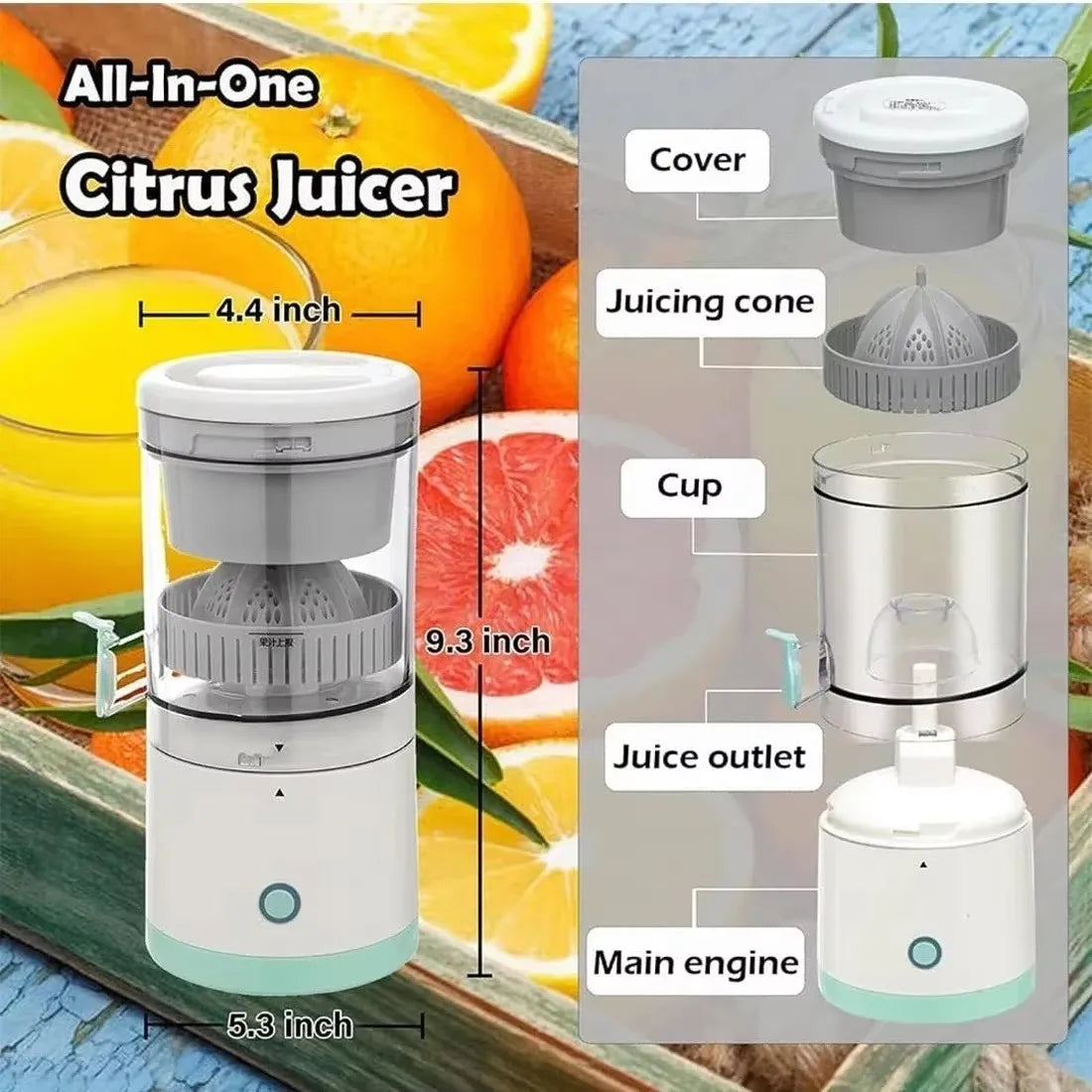 USB Rechargeable Electric Fruit Juicer Single Auger Juice Extractor White