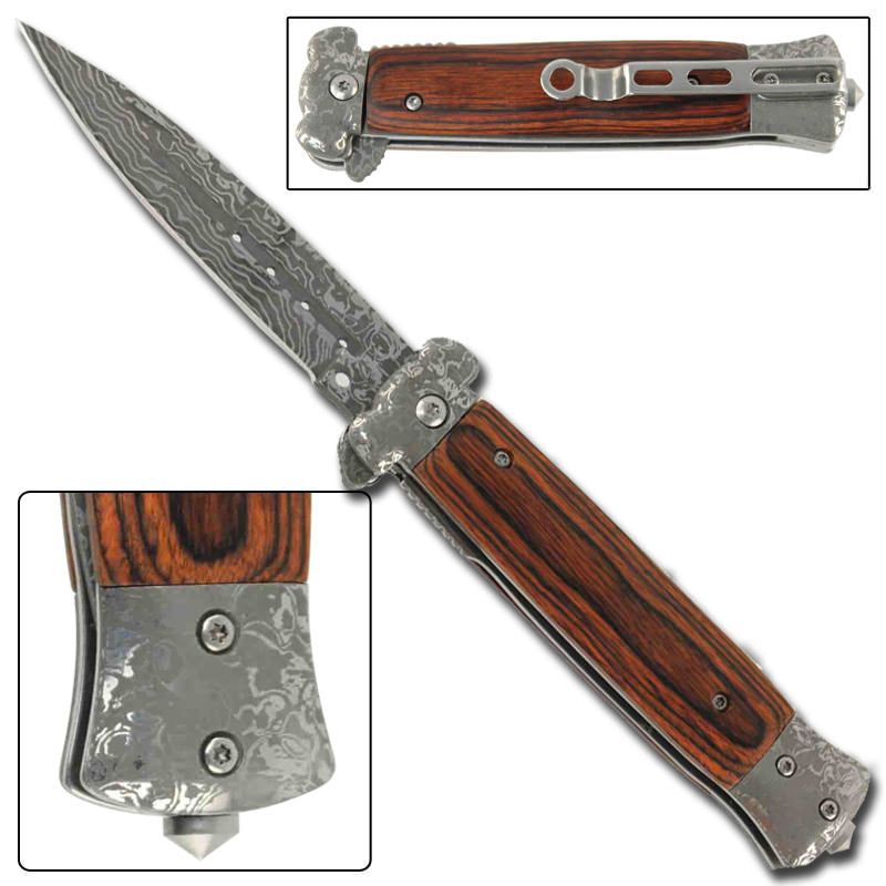 Stiletto Style Spring Assisted Knife - Damascus Glass Breaker