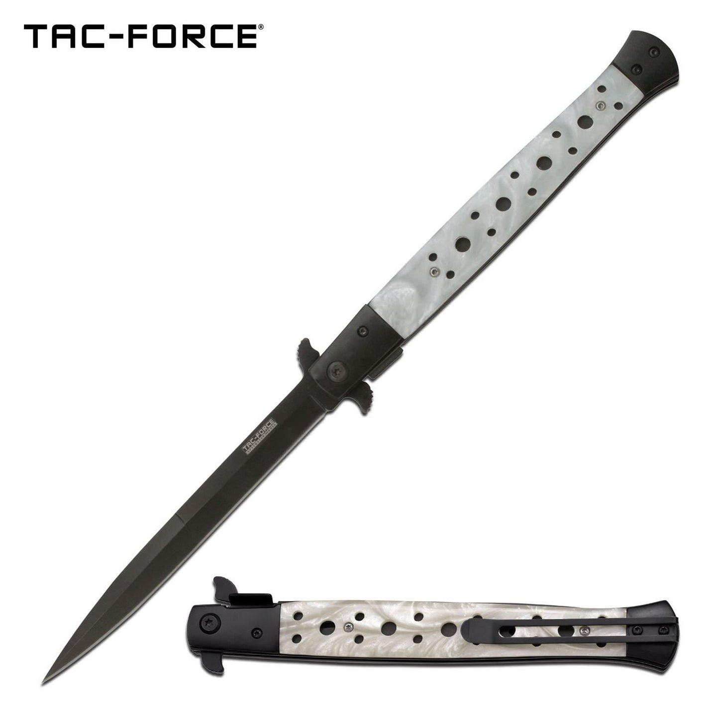 Huge Italian Stiletto Style Spring Assist Knife - White Pearl Handle