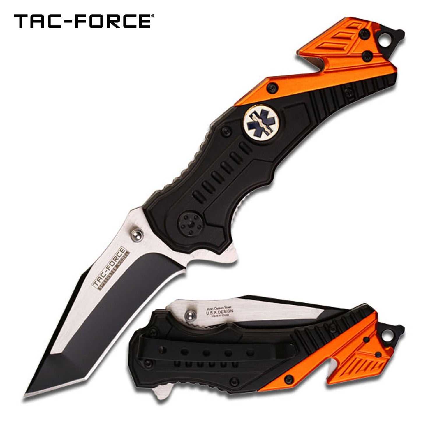 Black/Orange EMT Paramedic Spring-Assist Rescue Folding Knife