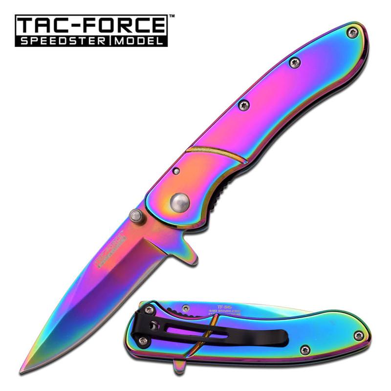 Tac Force Spring Assist Knife 3.75 Inches Closed With Rainbow Handle
