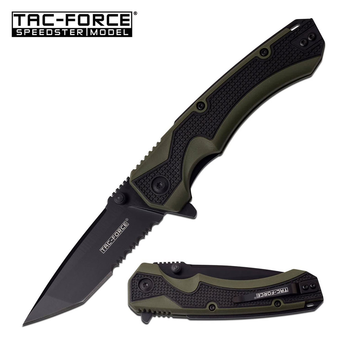 Rapid Green Spring Assisted Knife - Black Tanto Serrated