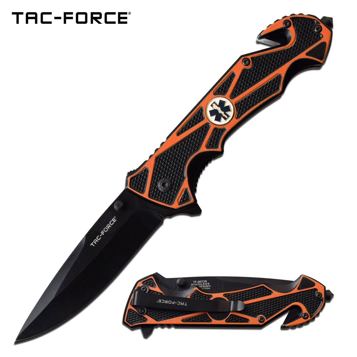 Spring Assist Folding Knife Orange EMT Paramedic Black Blade Rescue