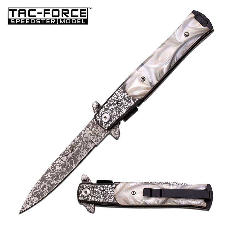 Stiletto Style Spring Action Assisted Folder Knife - White Mother of Pearl