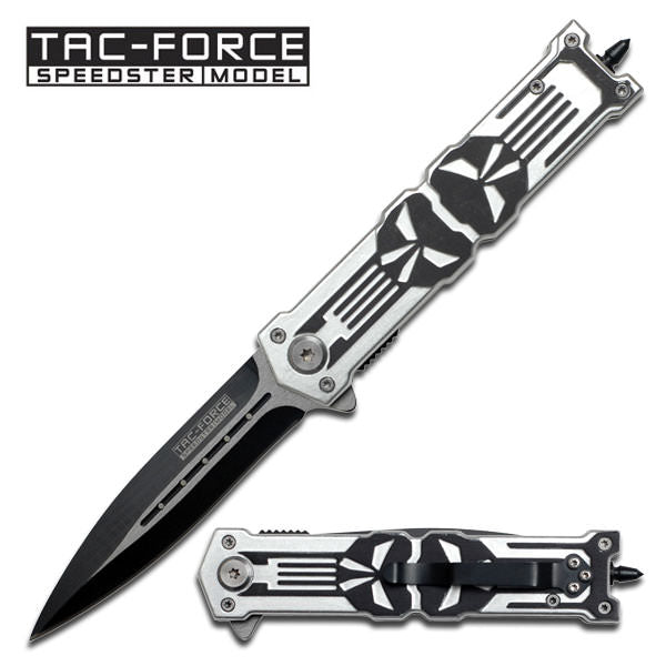Skull Design Punisher Stiletto Spring Assisted Tactical Rescue Pocket Knife