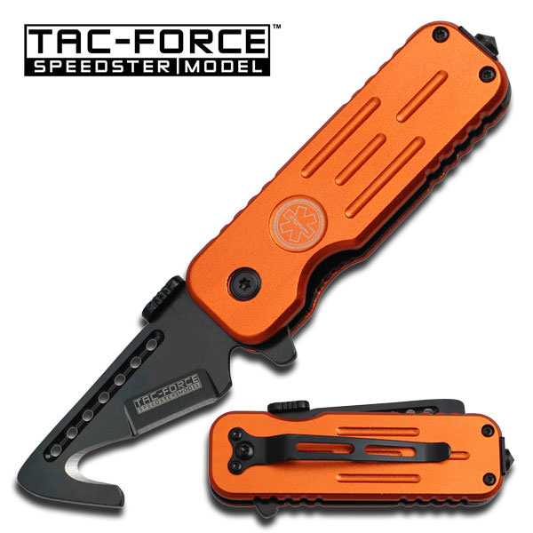 3.5" EMT Orange Rescue Style Spring Assist Knife with Hook Blade