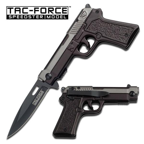 Fully Loaded Spring Assist Pistol Folding Knife - Grey and Black