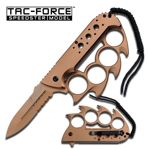 Tan Finish Knuckle Handle Spring Assisted Knife With Lanyard - TOPHATTER'S ARMORY DEALS