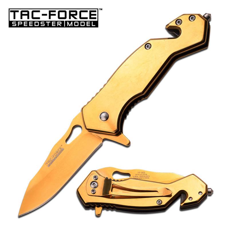 3.75 Inch Closed Full Gold Tactical Rescue Spring Assisted Knife - TOPHATTER'S ARMORY DEALS