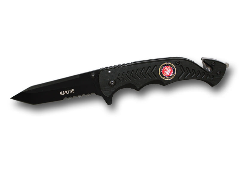 8 Inch Assisted Open Rescue Series Knife All Black US Marines