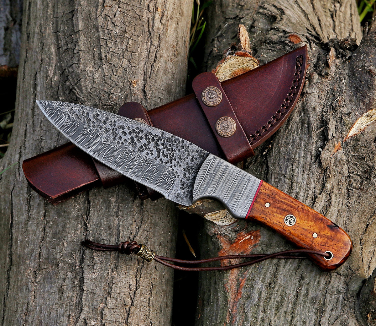 10" Custom Handmade Hammered Damascus Steel Hunting Skinning Knife - TOPHATTER'S ARMORY DEALS