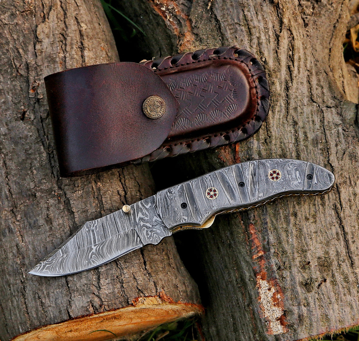 8.29" Damascus Steel Custom Handmade Folding Pocket Knife - TOPHATTER'S ARMORY DEALS