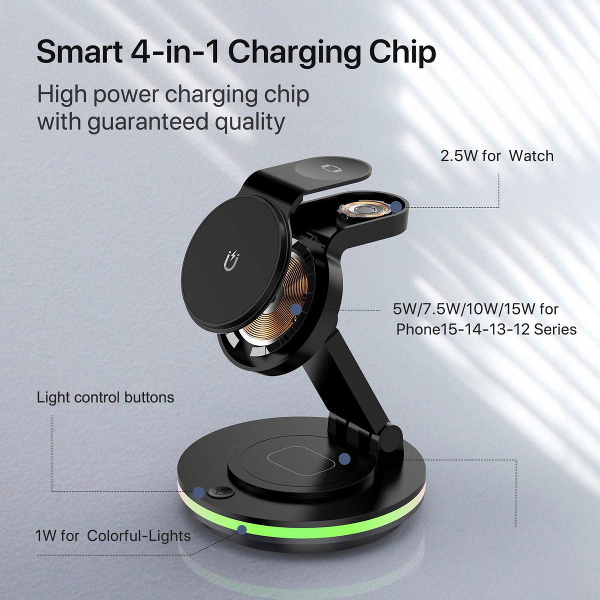 Foldable 4-in-1 Magnetic Wireless Charging Station with 7-Color Night Light for iPhone, Apple Watch & AirPods