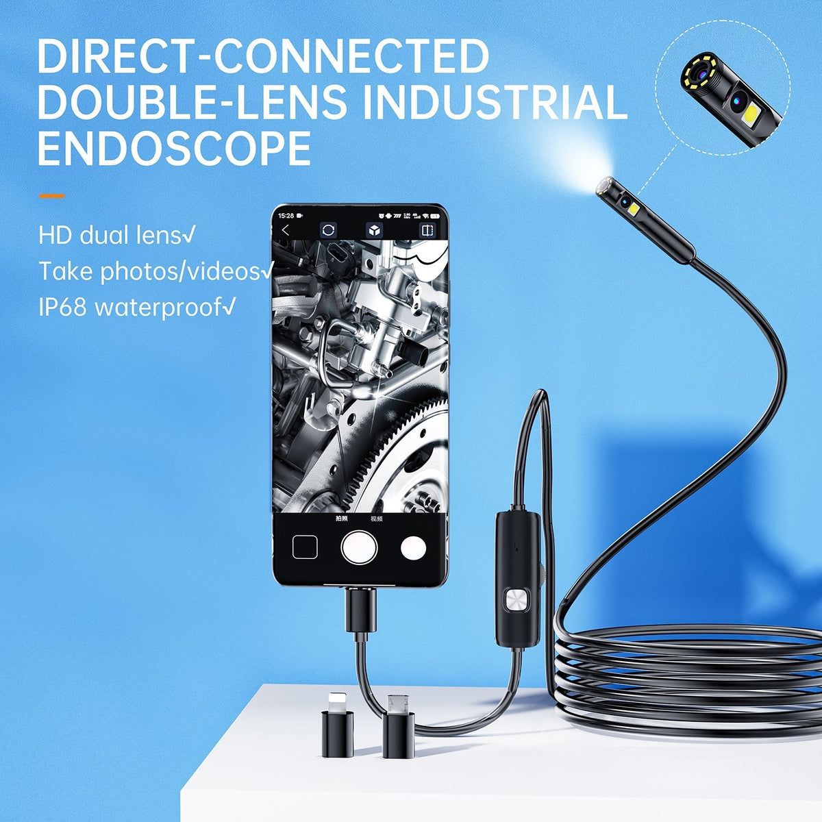 Dual Lens Phone Endoscope, 1920p Inspection Camera with 8 LEDs for iPhone and Android