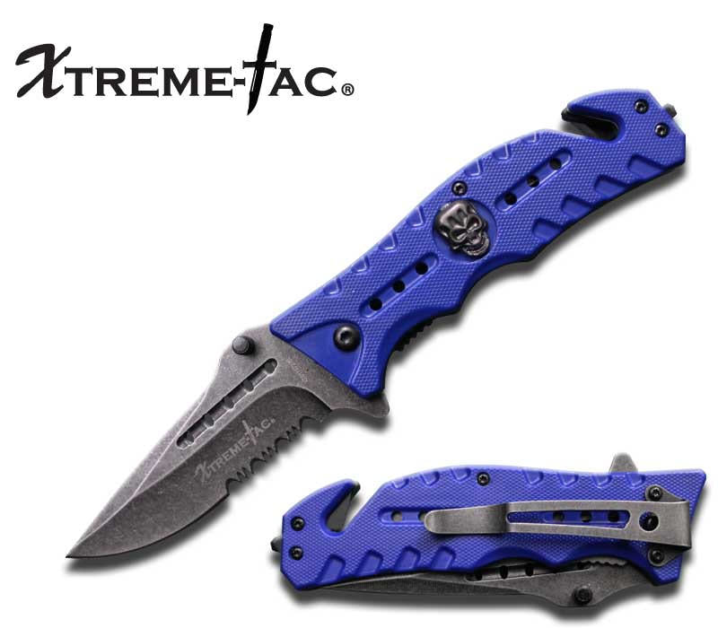 Blue Tactical Rescue Folder Spring Assisted Knife Serrated Blade - TOPHATTER'S ARMORY DEALS