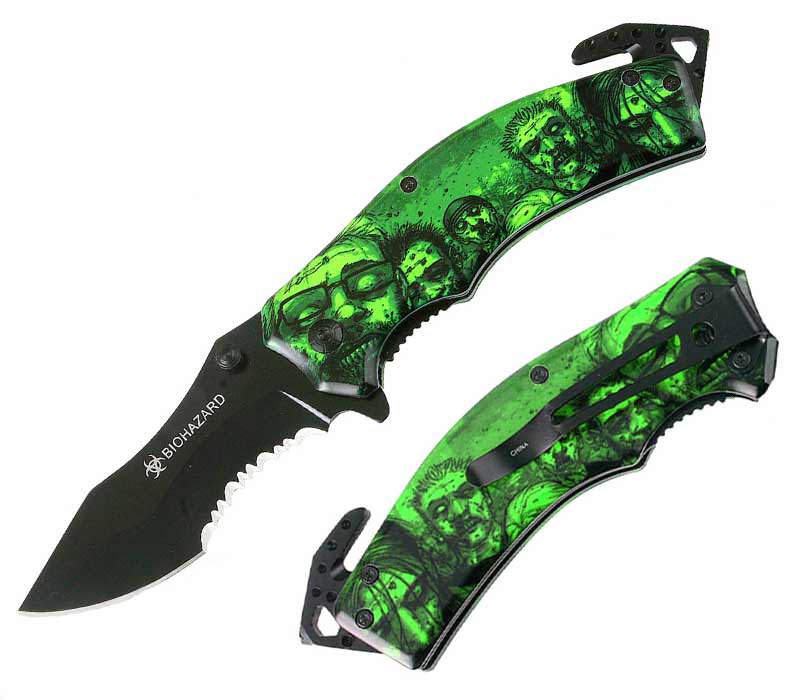 Rescue Spring Assist - 'Legal Auto Knife' - Walking Undead with Biohazard Green