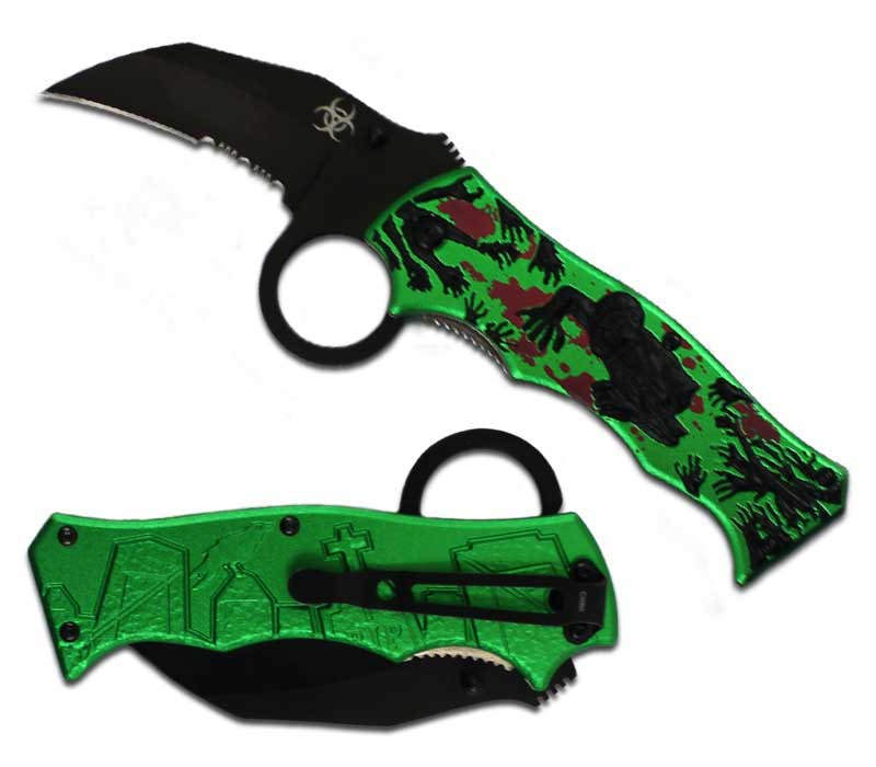 Zombie Killer Finger Hole Spring Assist Knife - Green/Black Blood Red - TOPHATTER'S ARMORY DEALS