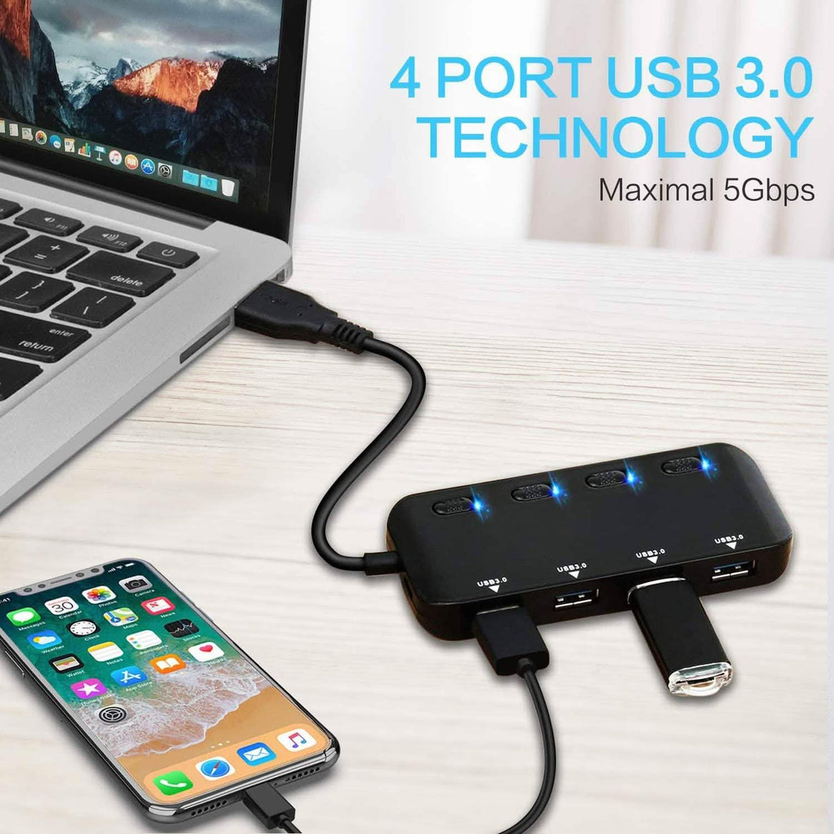 APANAGE 4-Port Powered USB 3.0 Hub Splitter