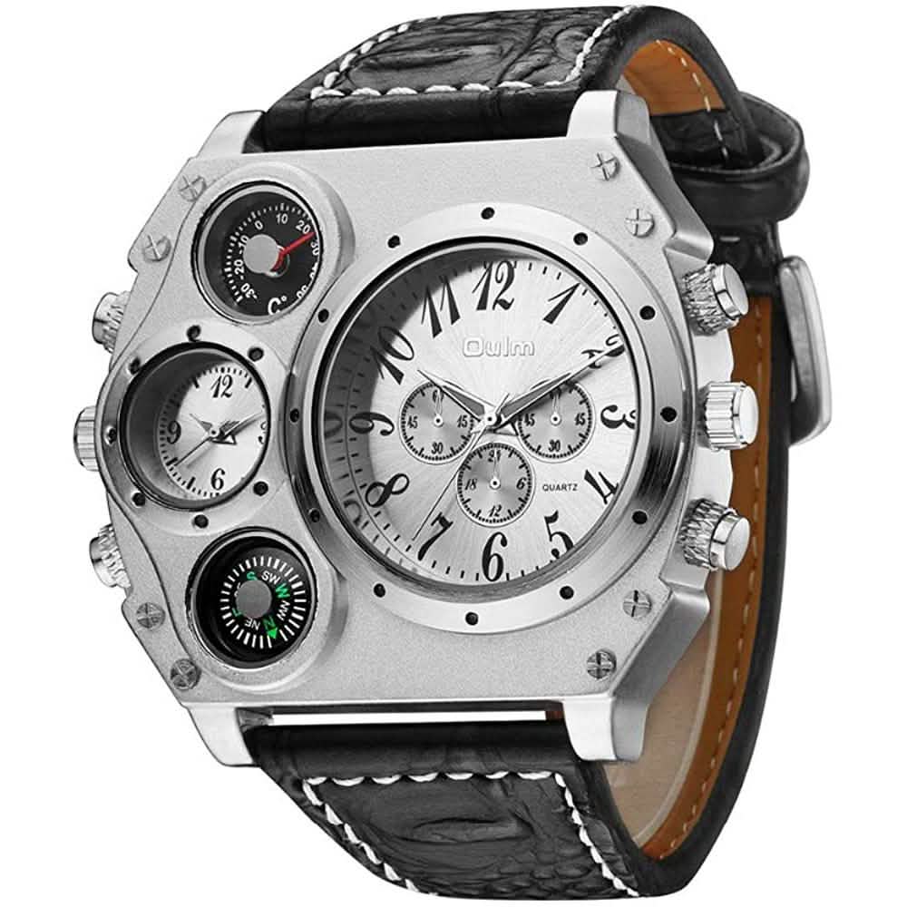 Avaner Mens Big Face Dual Time Zone Leather Strap Sport Watch