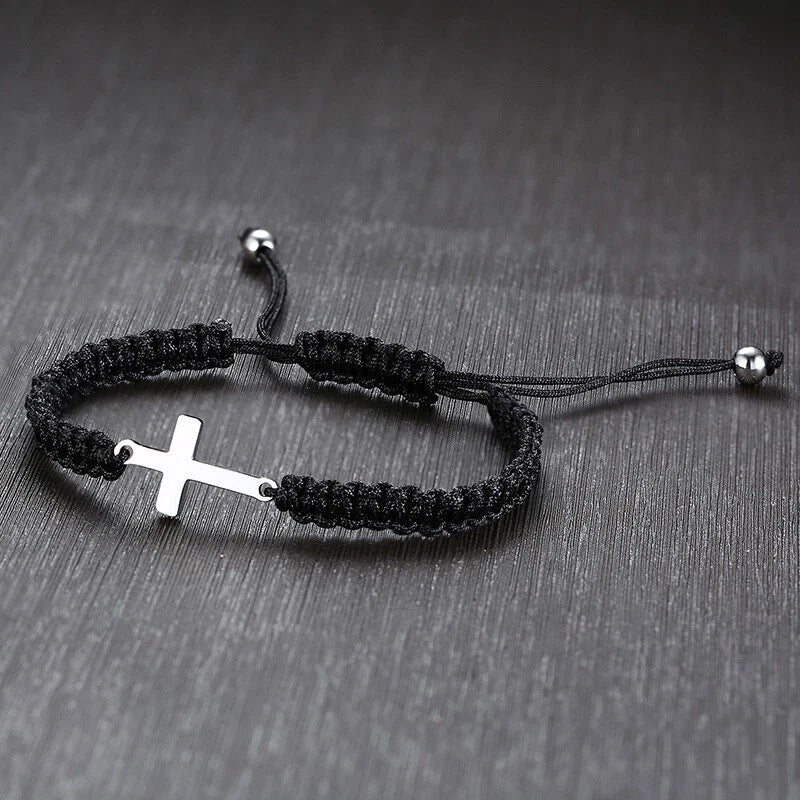Cross Charm Braided Bracelet - Adjustable Black Cord with Silver-Tone Sideways Cross