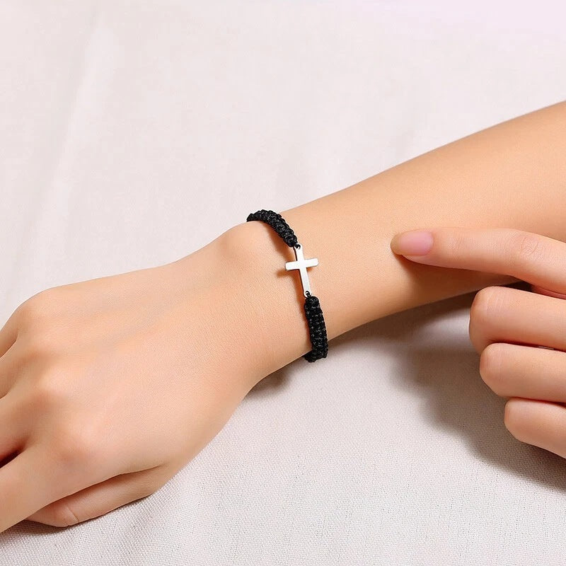 Cross Charm Braided Bracelet - Adjustable Black Cord with Silver-Tone Sideways Cross