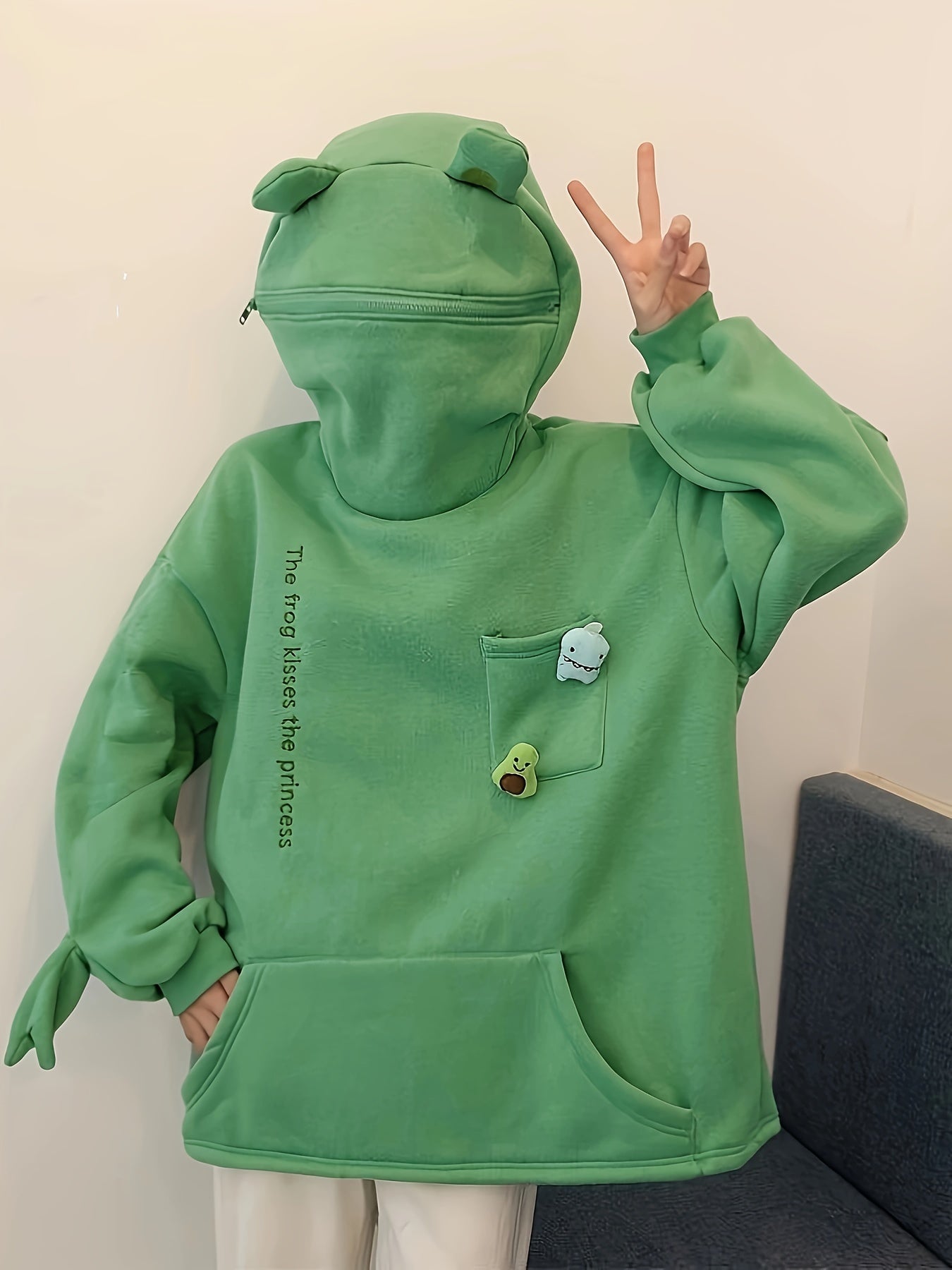 Cartoon Frog Fleece Zip-Up Hoodie