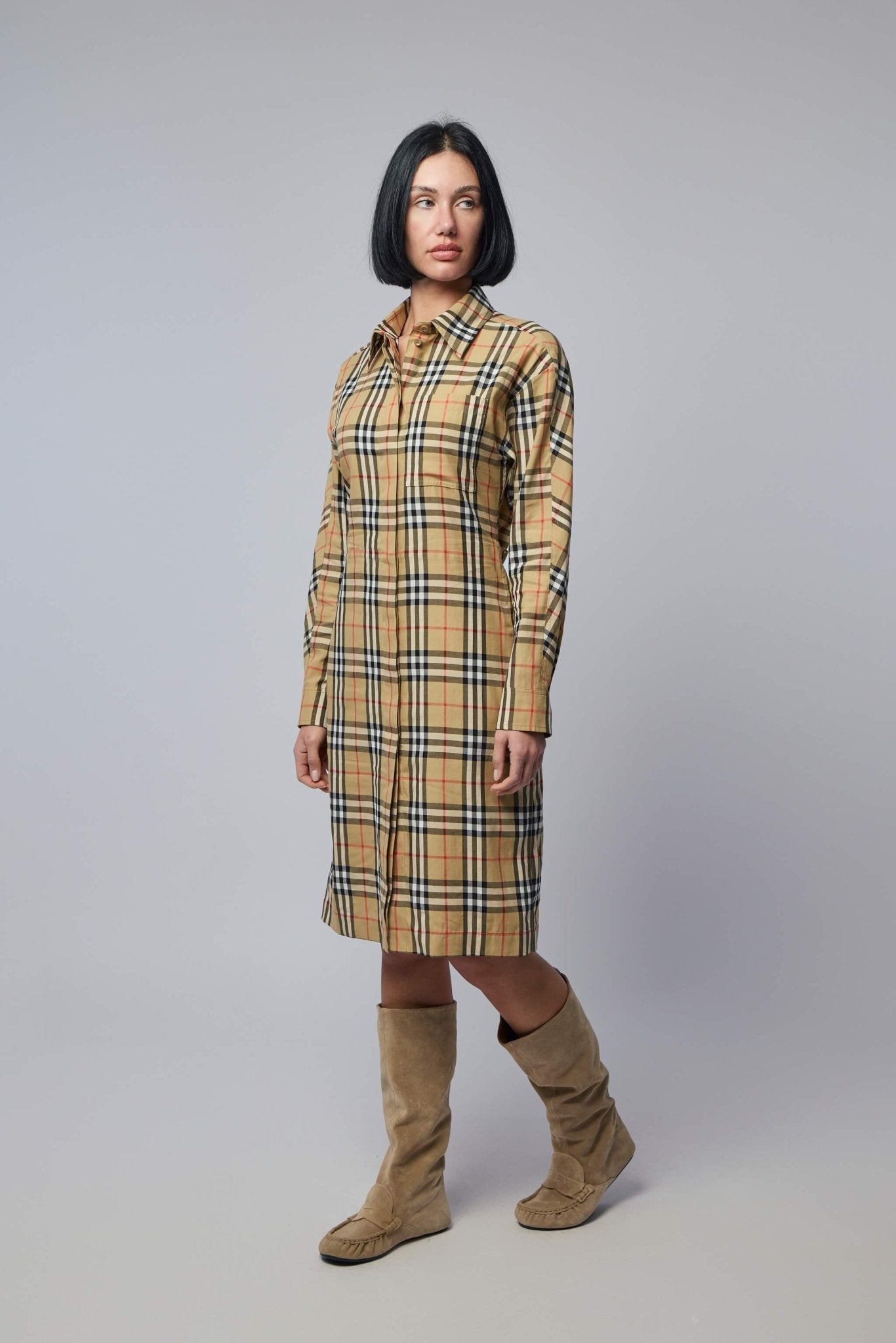 Check Cotton Shirt Midi Dress