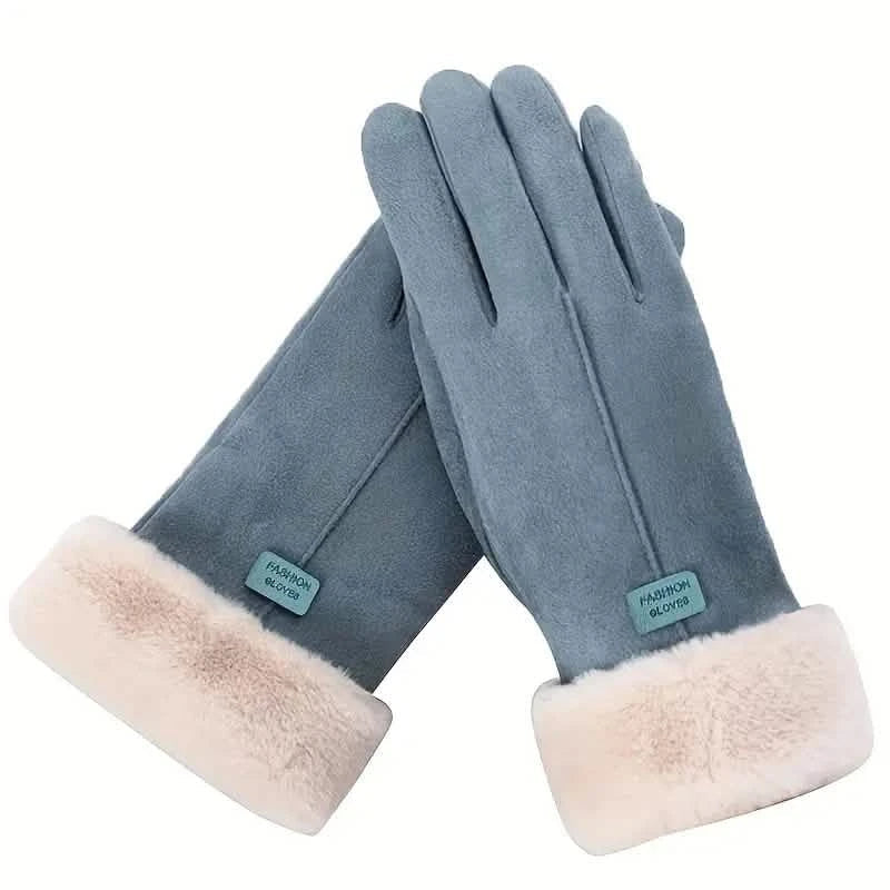 Cashmere Warm Suede Leather Plush Touch Screen Gloves