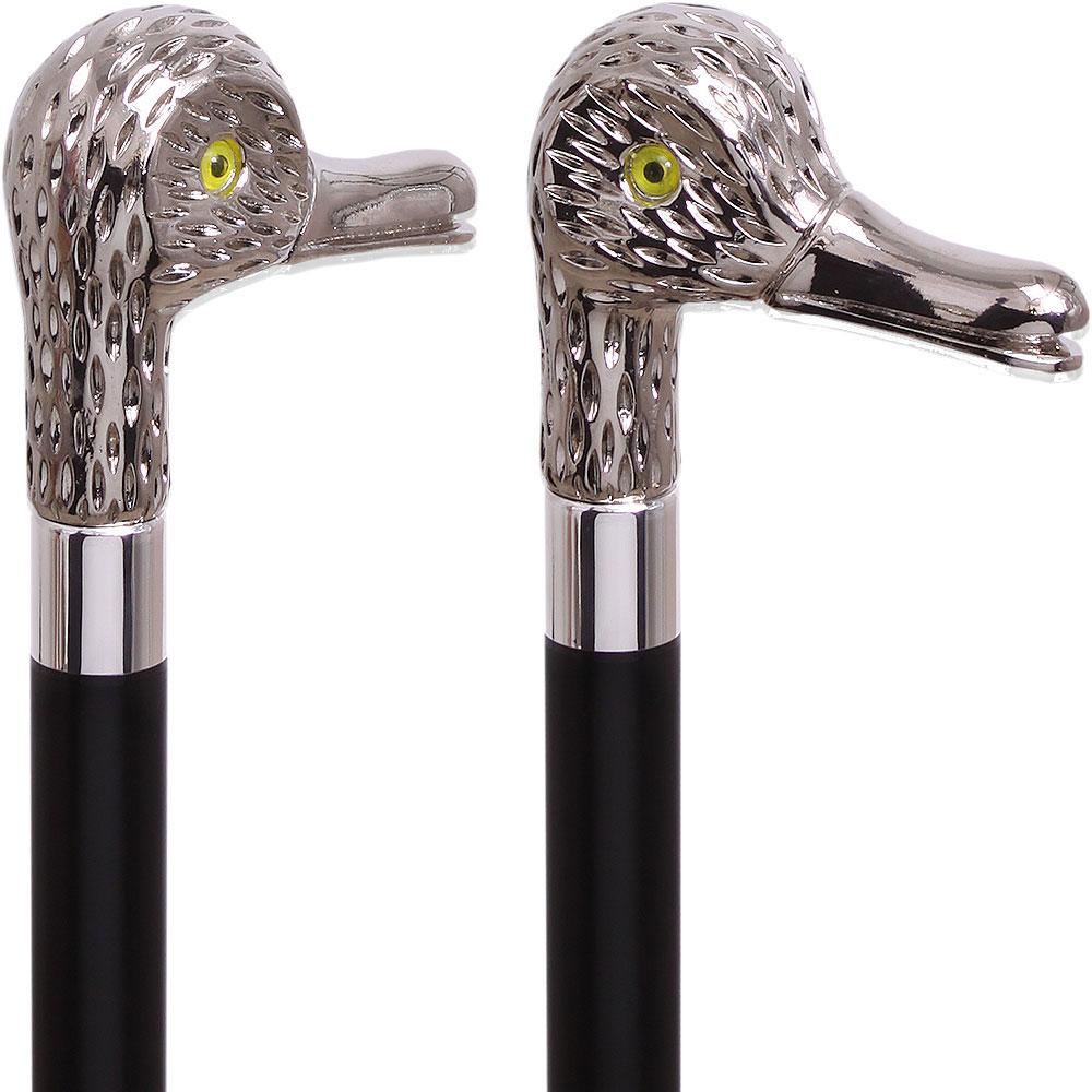 Feathered Duck Nickel Plated Handle Cane Italian Handle w/ Custom Shaft & Collar