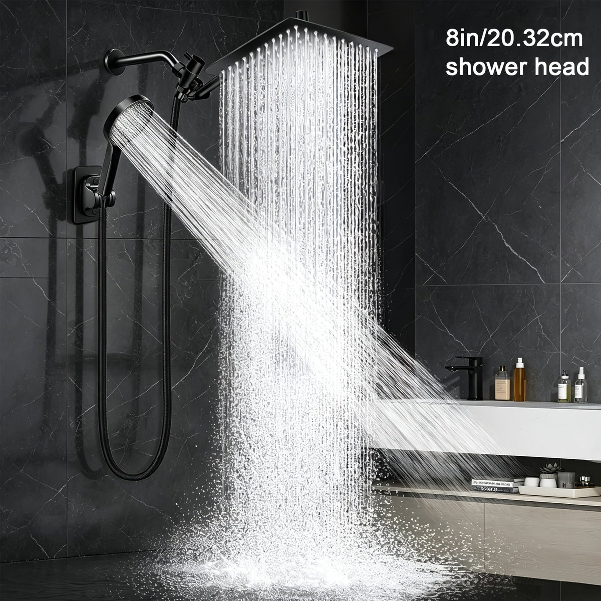 8-Inch Rainfall and Handheld Shower Head Combo - High Pressure, Adjustable Arm, Black
