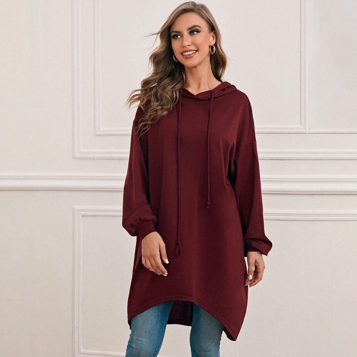 Drop Shoulder Dip Hem Thermal Longline Hoodie