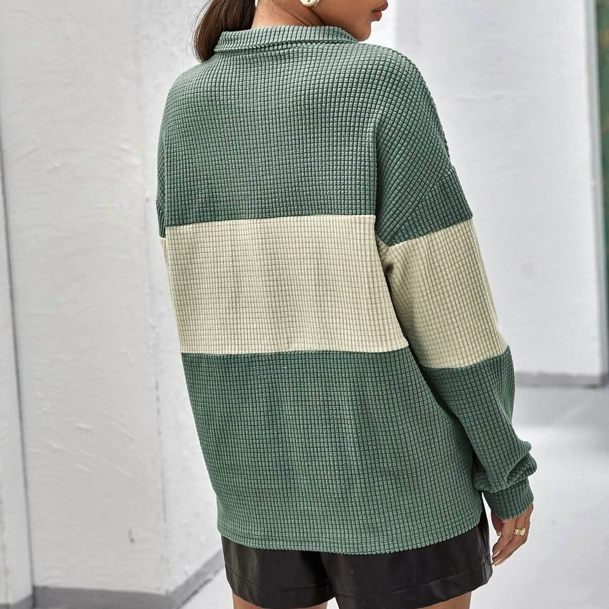Drop Shoulder Two Tone Textured Half Placket Pullover