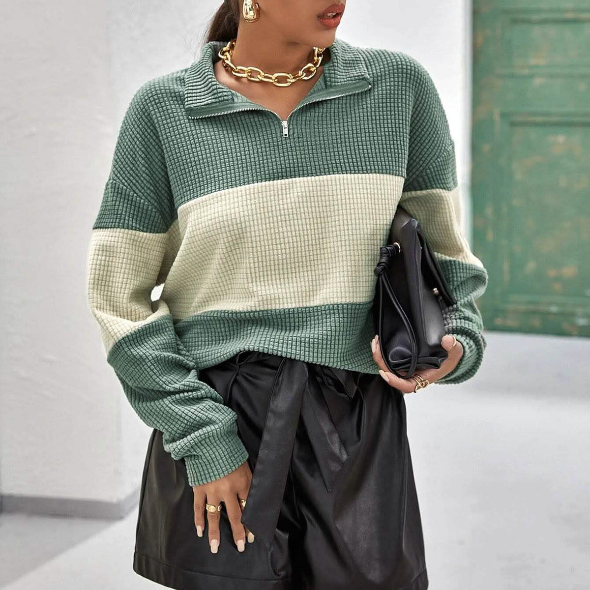 Drop Shoulder Two Tone Textured Half Placket Pullover