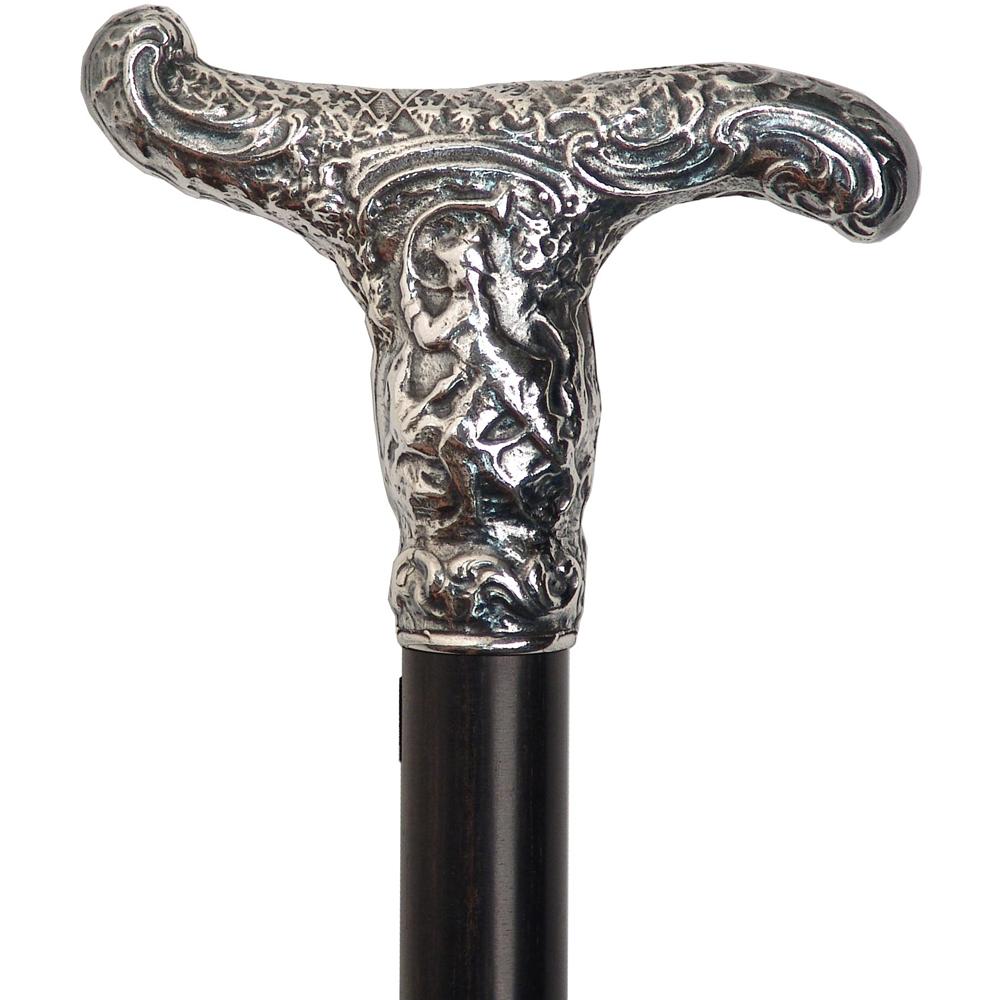 French Antique Repro Silver T-Handle Cane: Stamina Wood