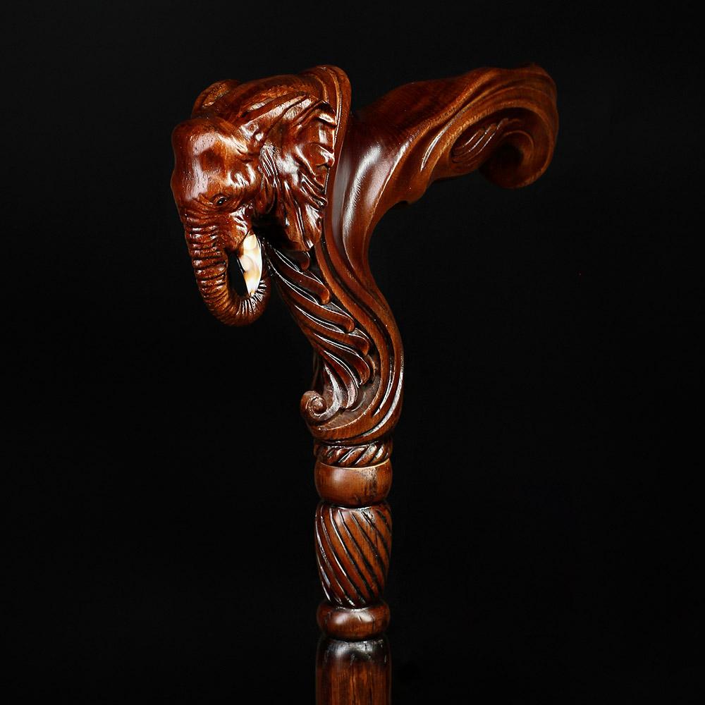 Elephant: Artisan Intricate Handcarved Wood Cane (Right Hand)