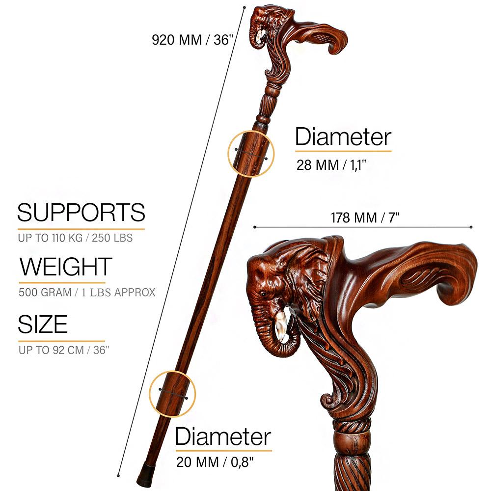 Elephant: Artisan Intricate Handcarved Wood Cane (Right Hand)