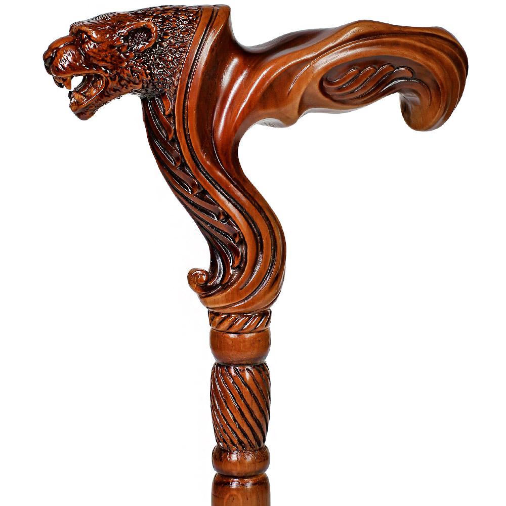 Jaguar: Artisan Intricate Handcarved Wood Cane (Right Hand)
