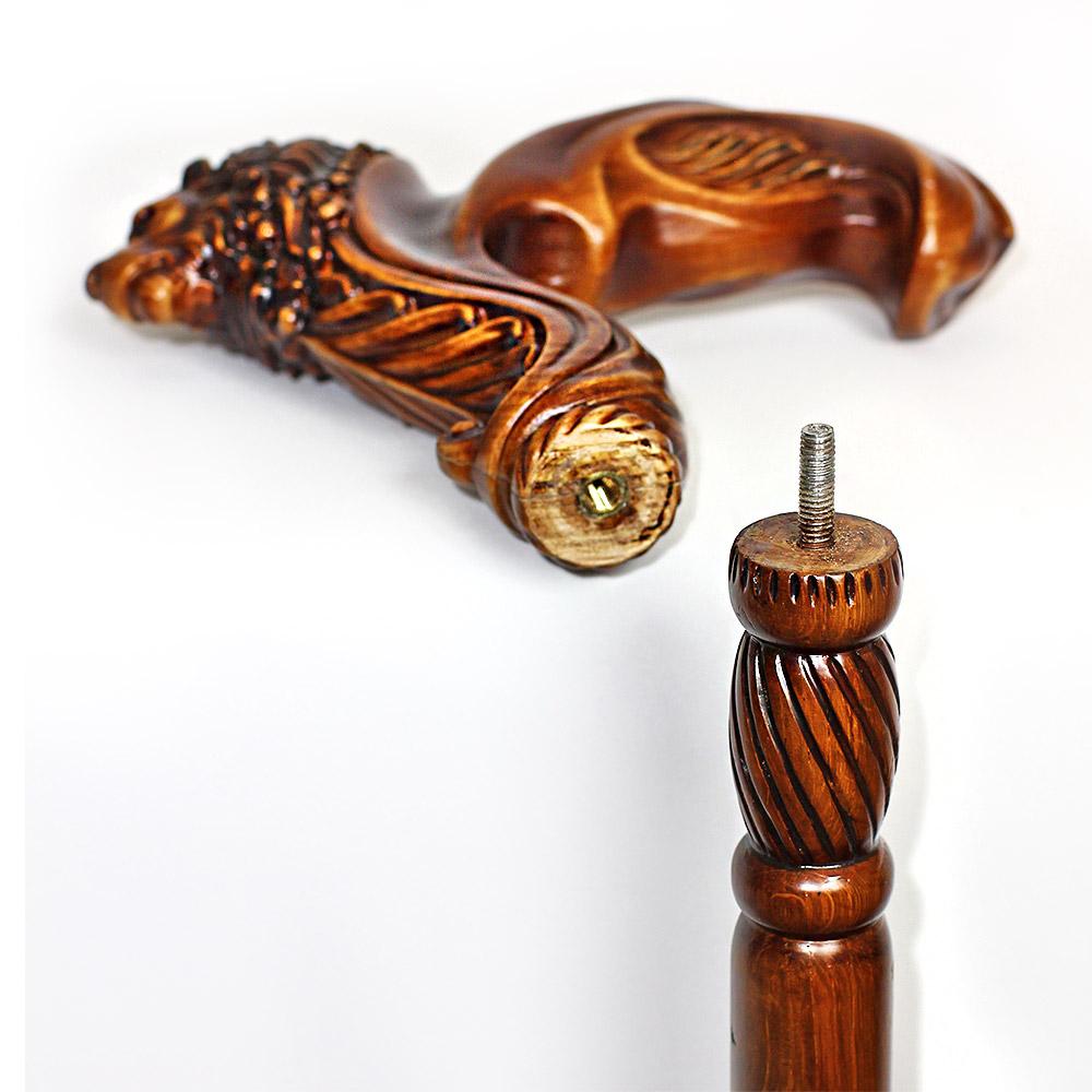 Lion Head: Artisan Intricate Handcarved Wood Cane (Right Hand)